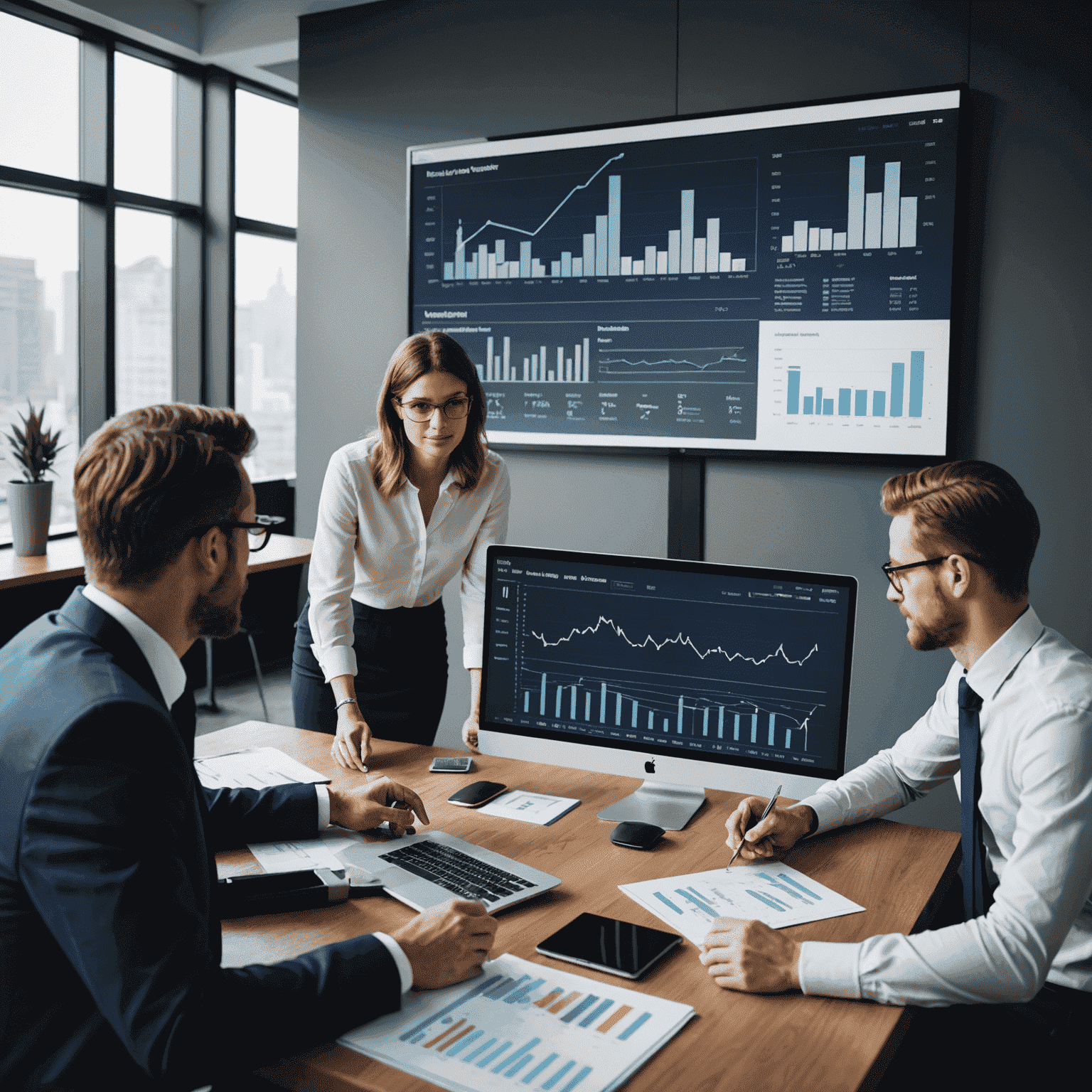 A group of professionals discussing financial strategies in a modern office setting, with charts and graphs displayed on a large screen