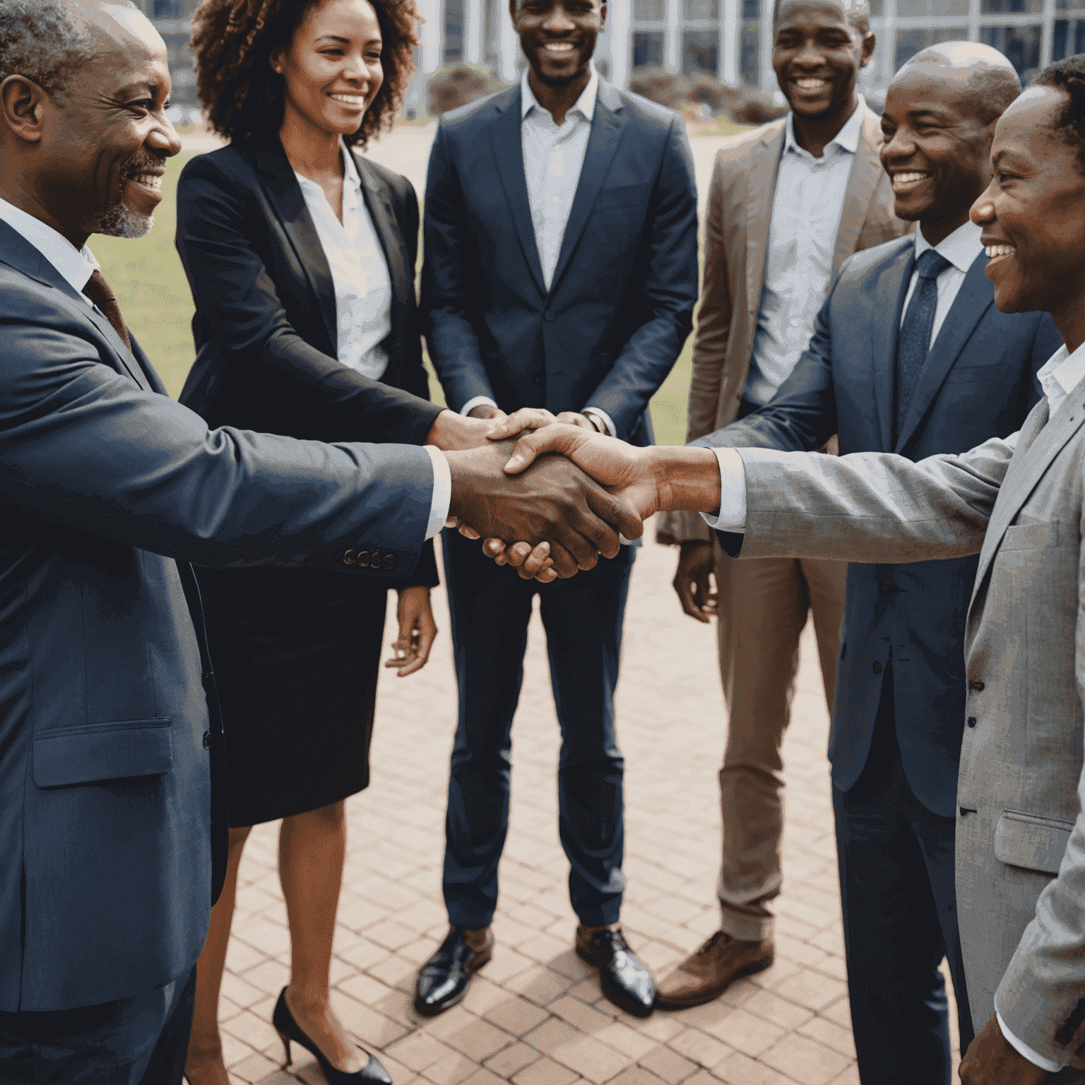 A diverse group of South African businesspeople shaking hands, symbolizing the importance of cultural understanding in business partnerships