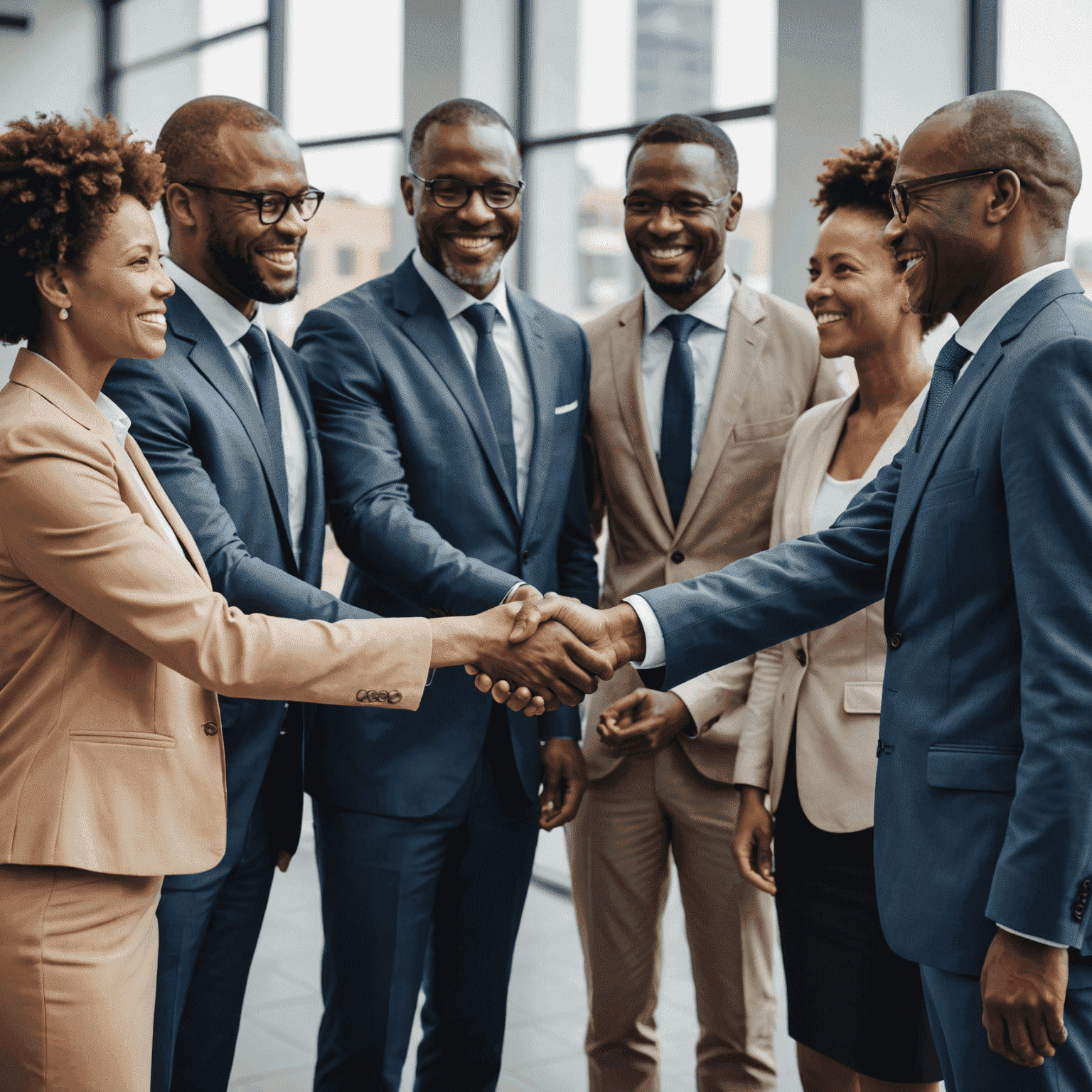 Diverse group of South African business people shaking hands, representing the importance of cultural awareness in business partnerships