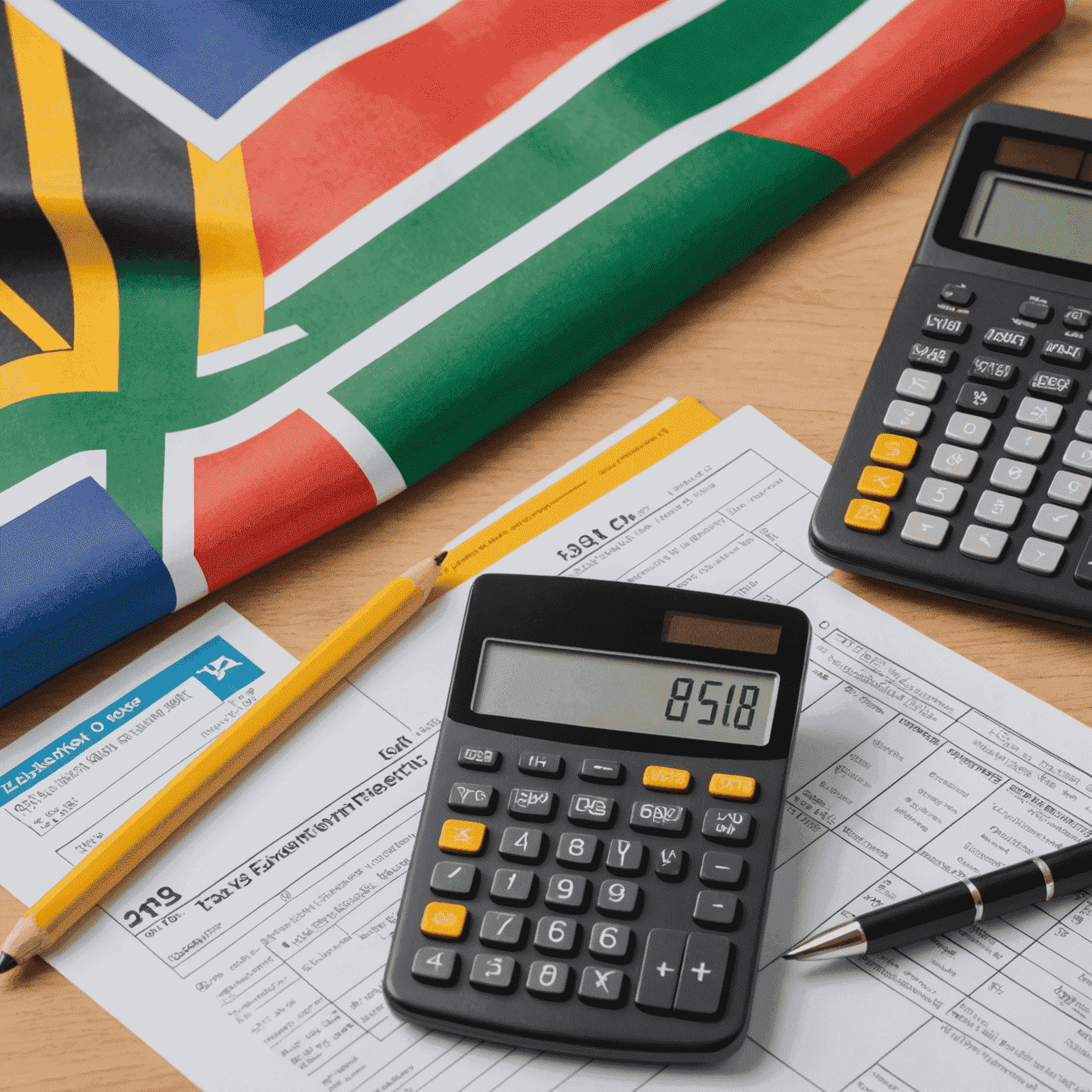 Banner image showing a calculator, tax forms, and the South African flag, representing tax tips for entrepreneurs in South Africa