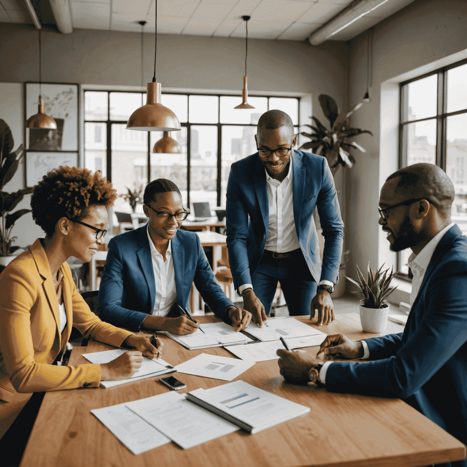 Diverse group of South African business people collaborating in a sustainable office environment