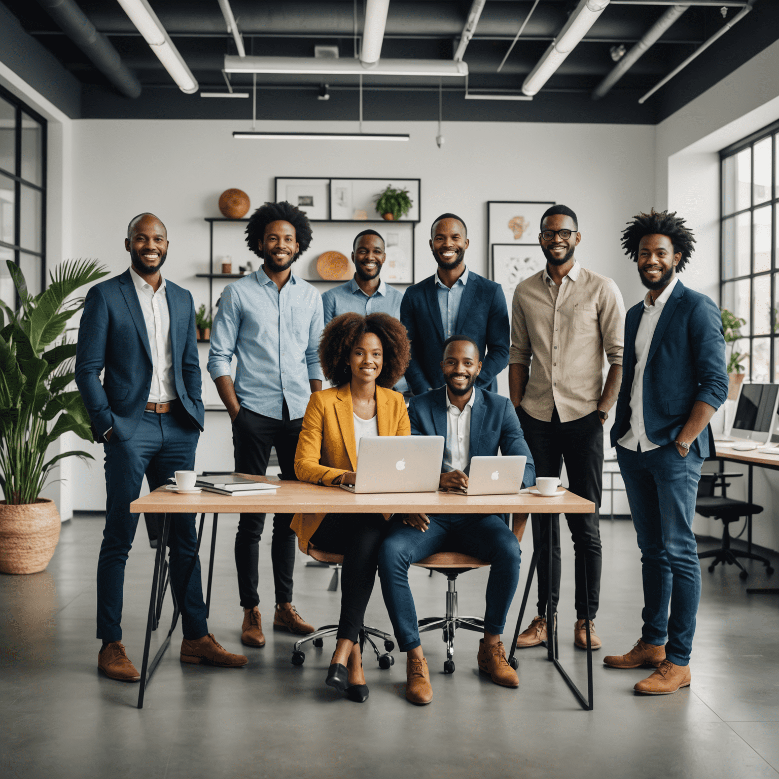 A successful South African startup team working together in a modern office space, representing their innovative solutions and global impact