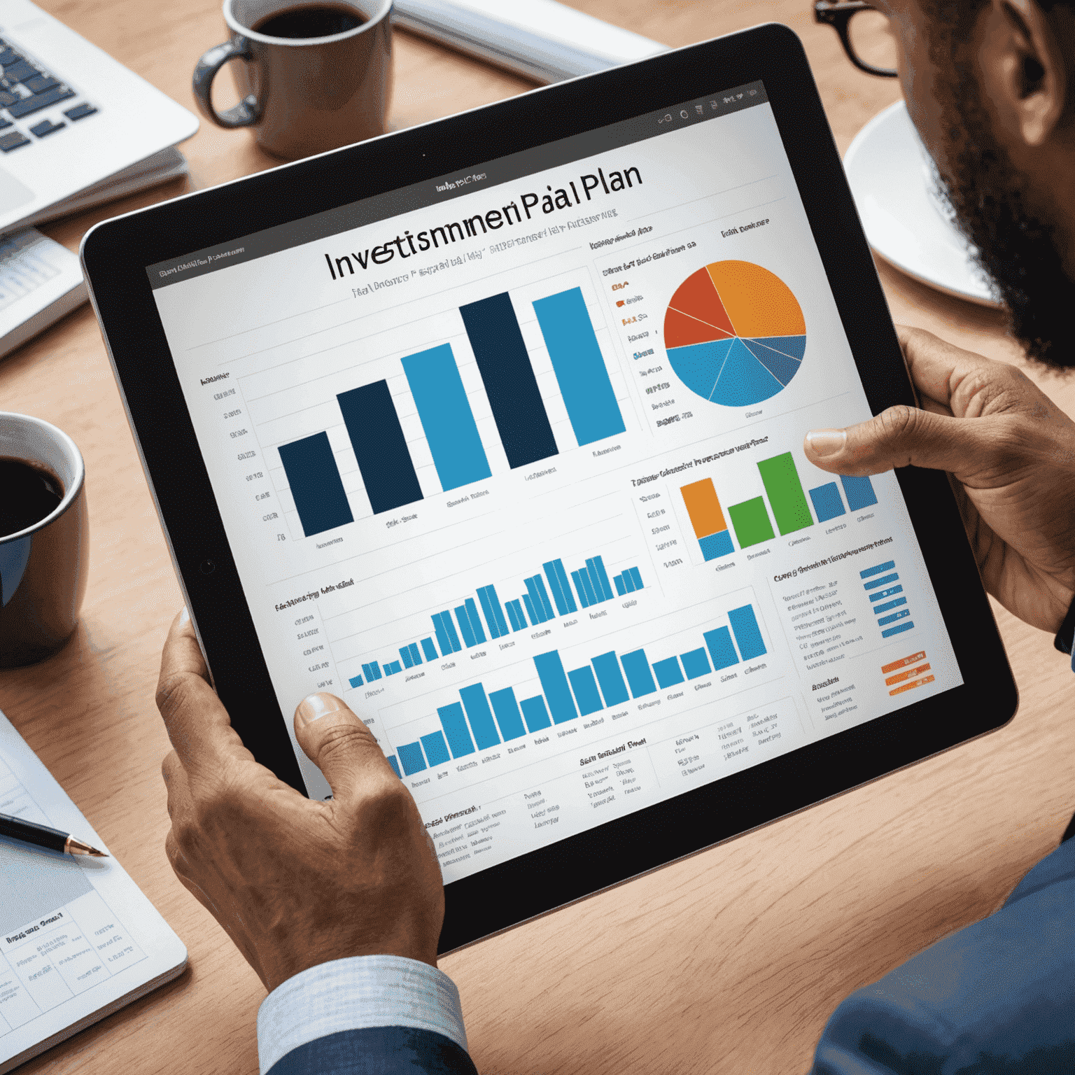 A financial advisor presenting an investment plan to a client, with a diverse portfolio of stocks, bonds, and mutual funds displayed on a tablet