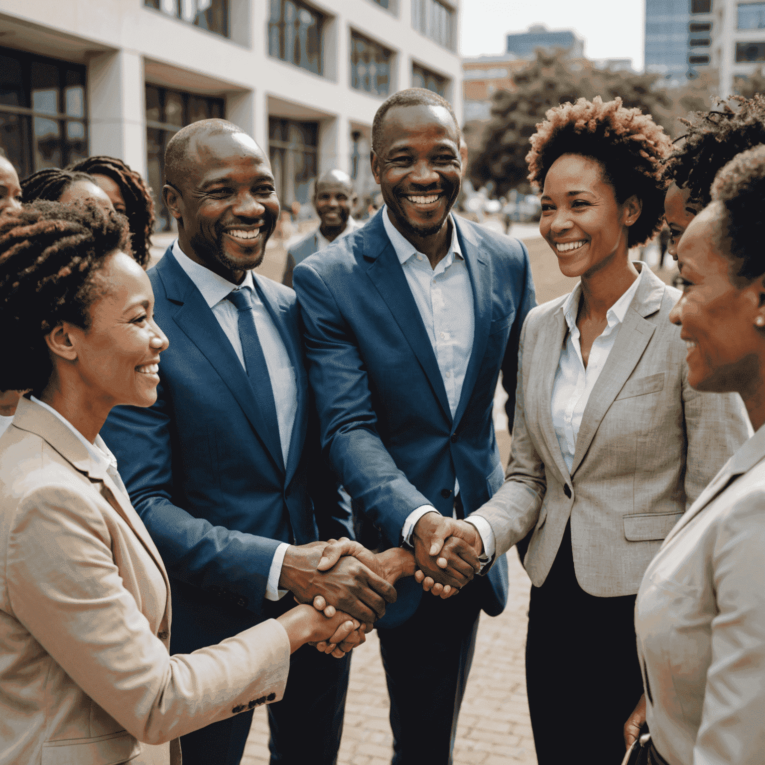 A diverse group of South African businesspeople shaking hands and smiling, representing the importance of cultural awareness in business partnerships