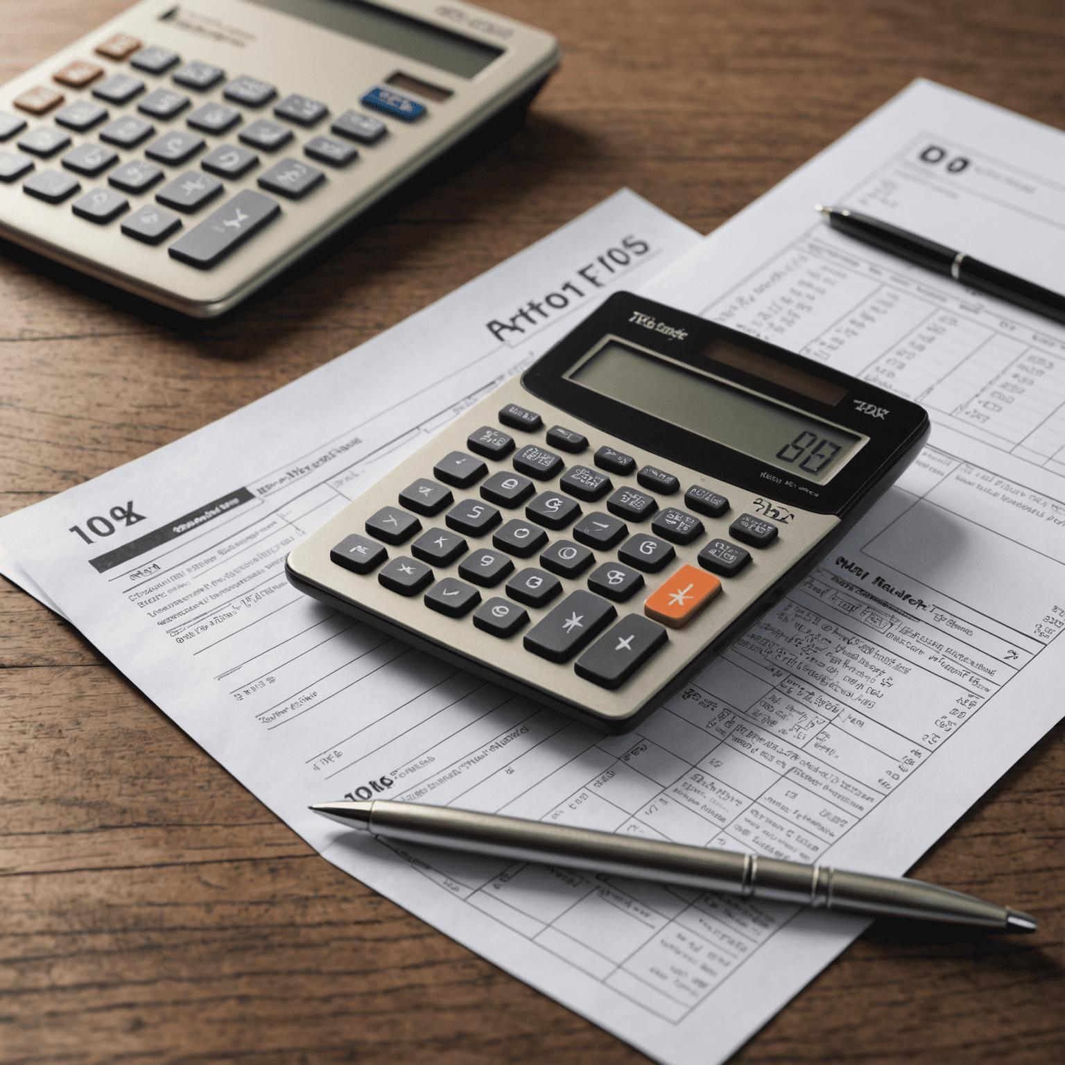 A calculator, pen, and tax forms on a desk, representing the need for entrepreneurs to navigate the South African tax system effectively