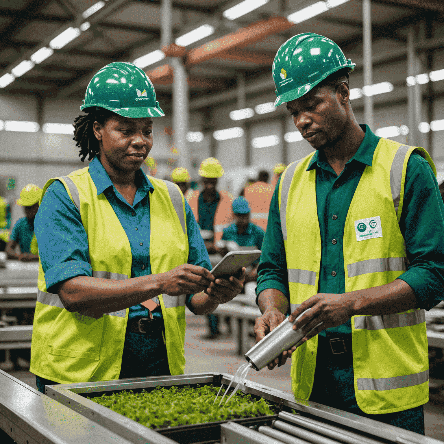 South African workers in a sustainable manufacturing facility using eco-friendly technologies