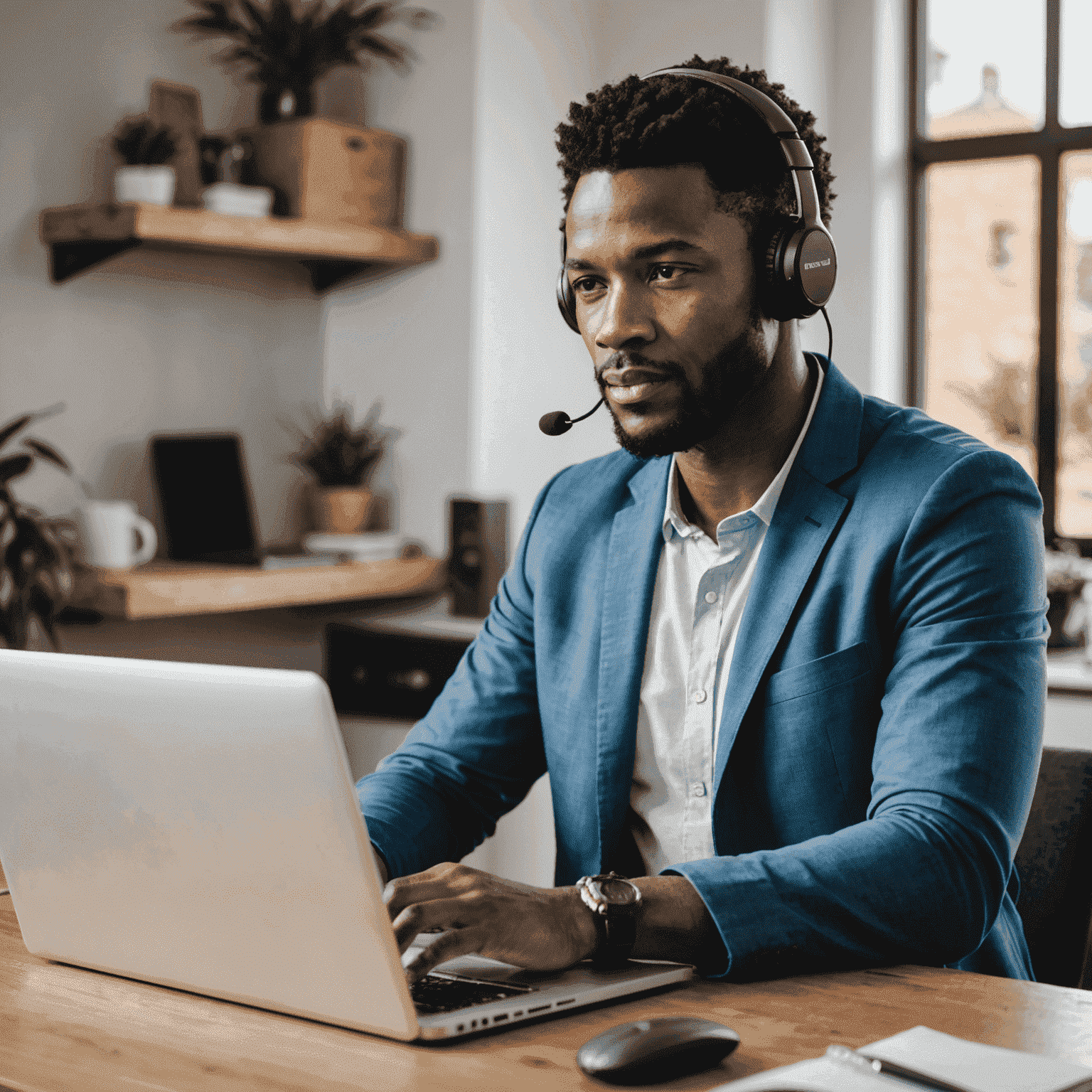 A South African professional working remotely from home, using a laptop and headset