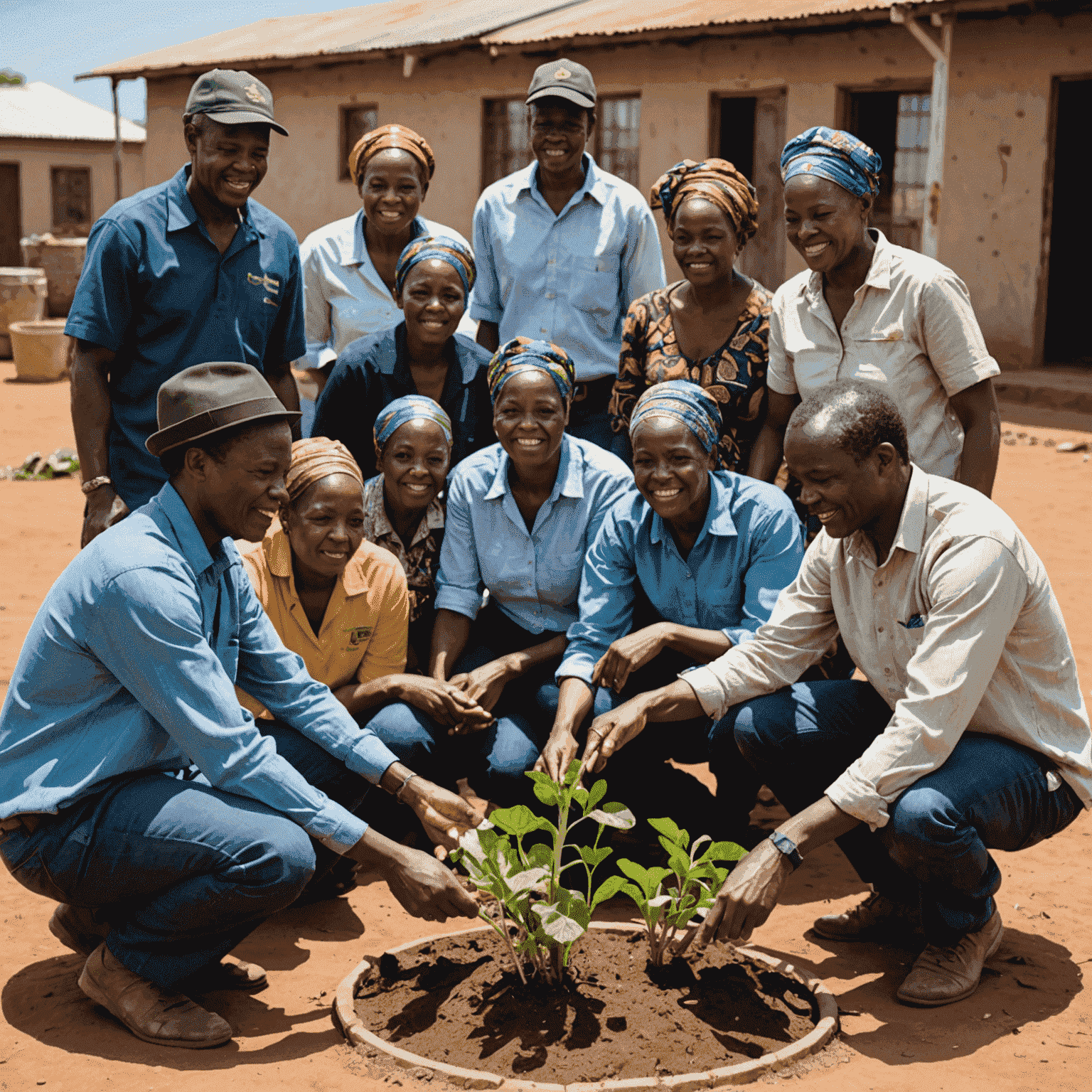 A group of South African community members working together on a sustainable business project, showcasing the positive impact of responsible business practices