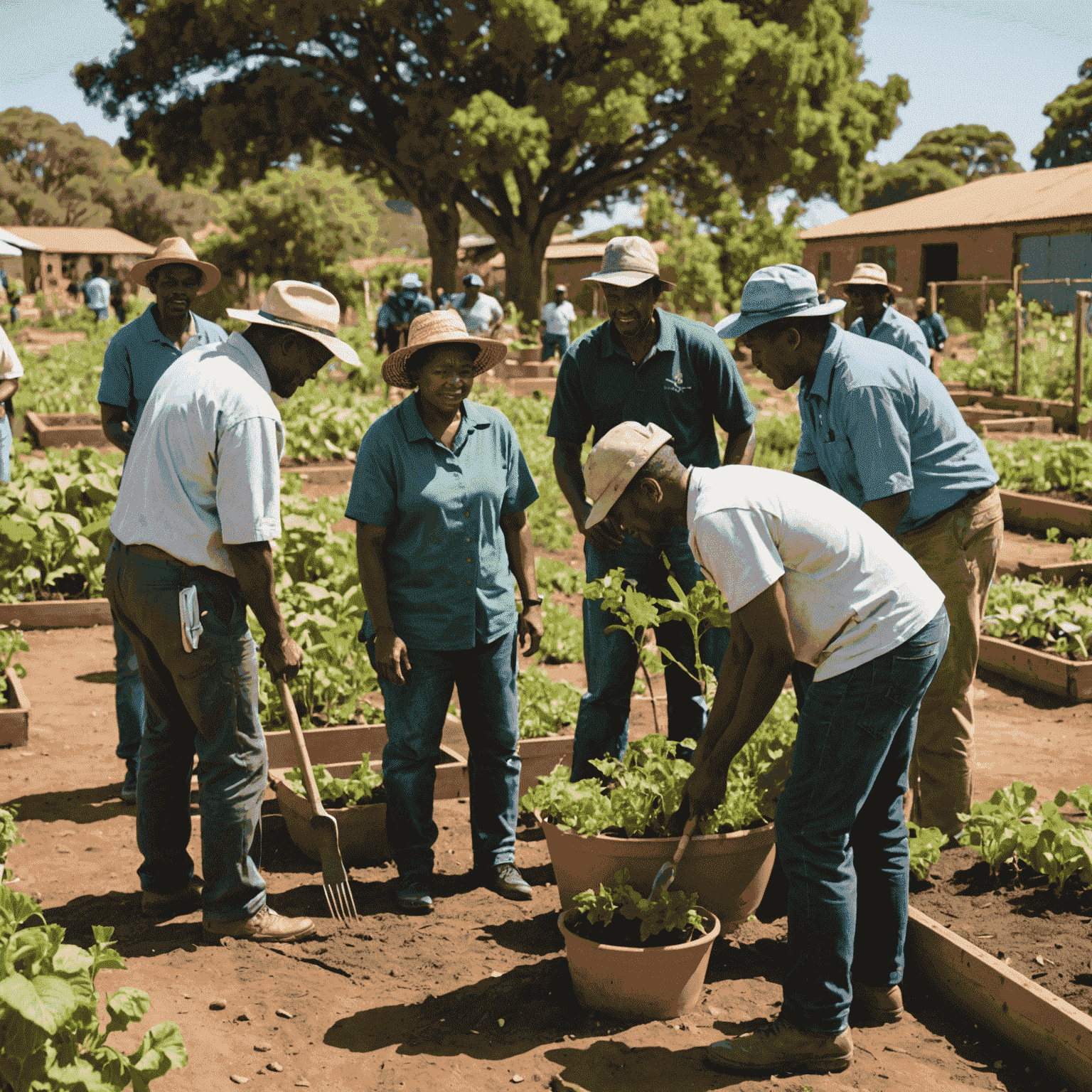 A group of South African community members working together on a sustainable business project, such as a community garden or renewable energy initiative