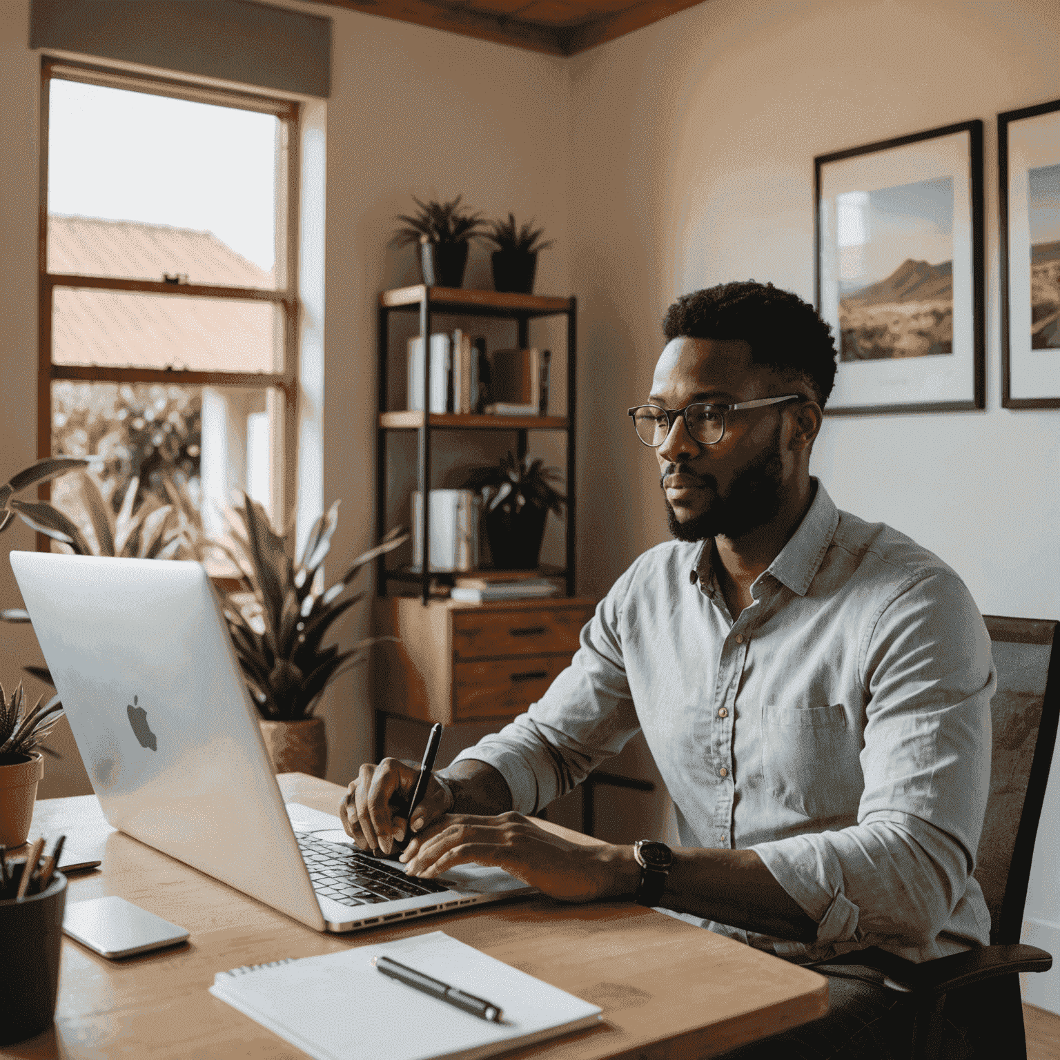 A South African professional working remotely from a home office, illustrating the growing trend of remote work in the country